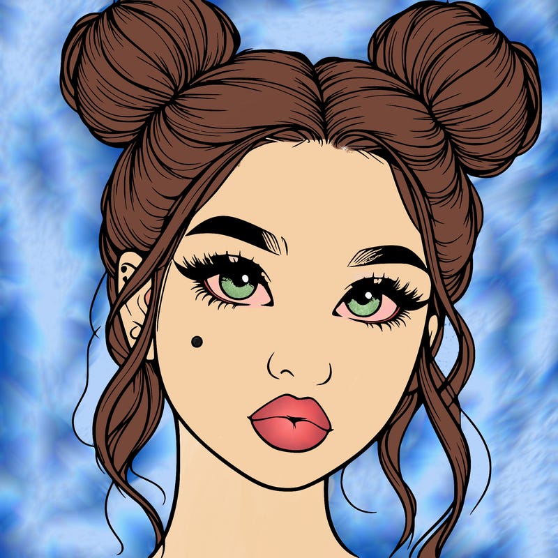 realistic girl with two buns on her hair and lips