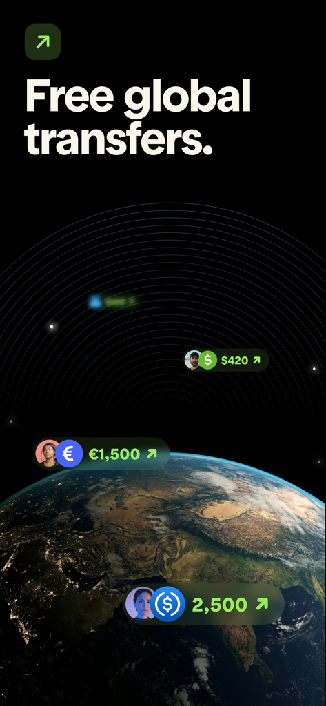 Tuyo: Speed up your money - A graphic showing the Tuyo app feature for free global transfers with currency symbols and user avatars orbiting Earth