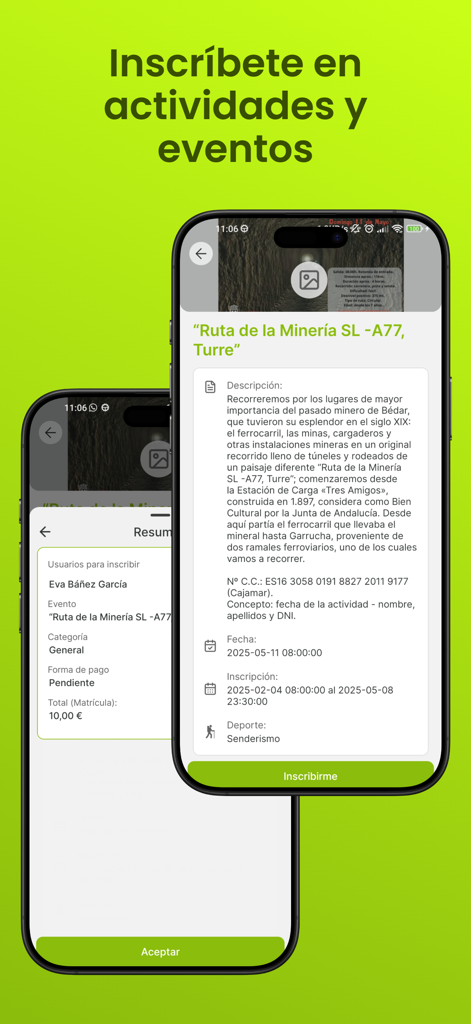 Interfaz de la aplicación móvil para registrarse y gestionar actividades y eventos deportivos