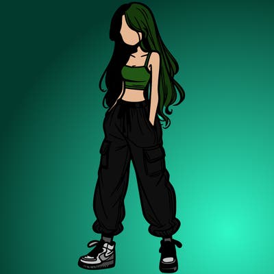 girl in baggy pants crop top and long hair