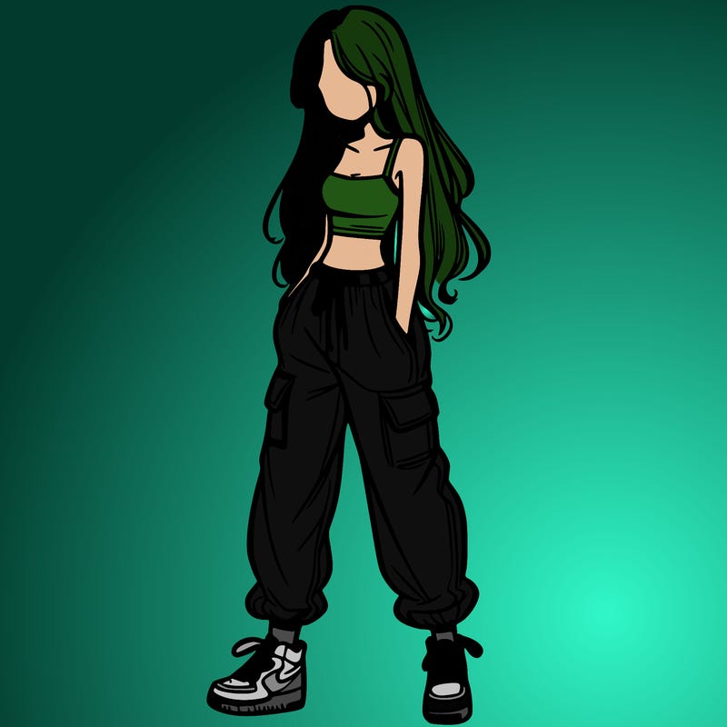 girl in baggy pants crop top and long hair