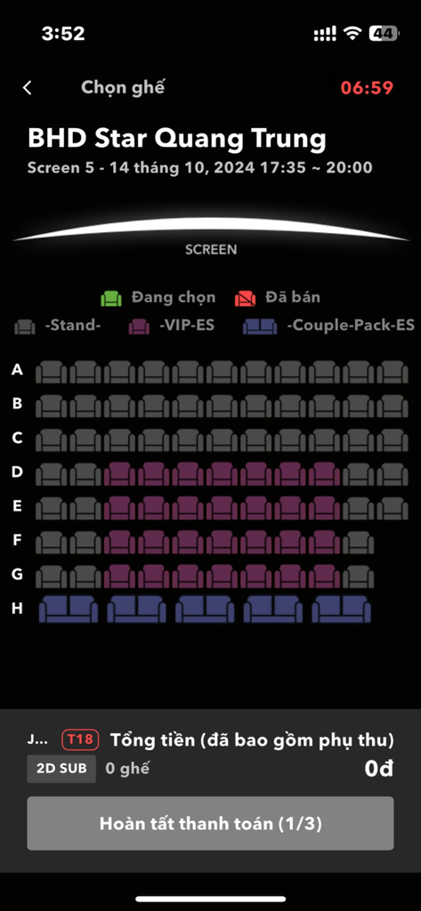 BHD Star Cineplex app screen showing cinema seat selection chart with VIP and couple seating options