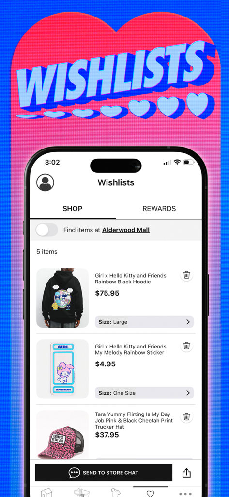 Zumiez - Zumiez mobile app wishlist screen showing saved streetwear items like a Hello Kitty hoodie and a pink cheetah print hat.