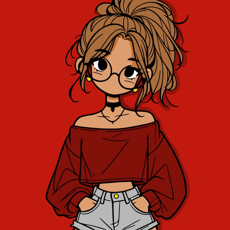 girl with a messy ponytail glasses a baggy crop top and jean shorts