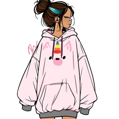 realistic girl with a oversized sweatshirt on and a bun