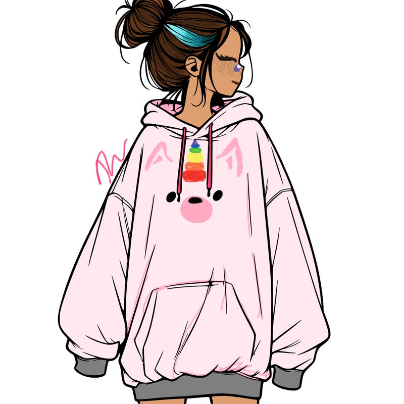 realistic girl with a oversized sweatshirt on and a bun