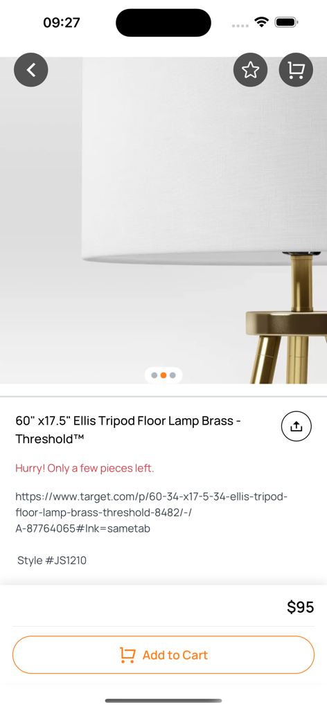Product detail view of a brass tripod floor lamp in the Tucker's Treasures boutique shopping app