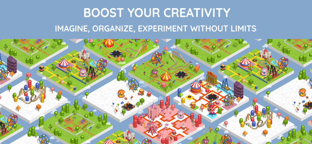 Isometric grid view showing multiple diverse theme park layouts and amusement rides on floating islands