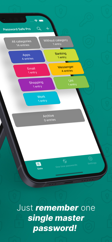 Banking、Email、Workなどのさまざまなパスワードカテゴリを示すiPhone上のPassword Safe Proアプリインターフェース