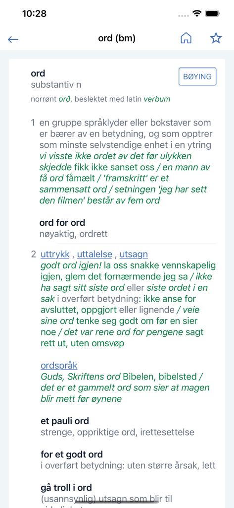 Detailed dictionary entry for the word ord in the Ordbøkene app showing definitions and usage examples in Bokmal