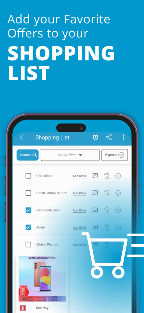 ClicFlyer: Weekly Flyer & Deal - ClicFlyer app interface showing a digital shopping list with various grocery and electronics items.