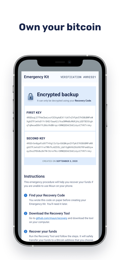 Muun Wallet - Muun Wallet app screen showing the Emergency Kit with encrypted multi-signature backup keys and recovery instructions