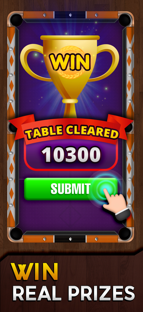 Pool Cash - Win 8 Ball Strike - Pantalla de victoria del juego móvil de 8-ball Pool Cash con un trofeo dorado y la puntuación.