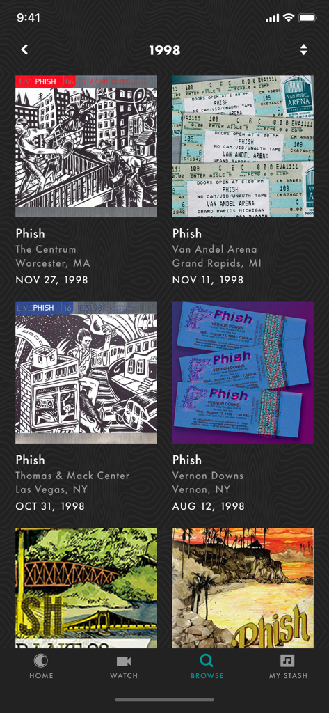 LivePhish - LivePhish-Mobil-App-Browsing-Bildschirm, der Live-Konzertaufnahmen aus dem Jahr 1998 mit Albumcovern und Show-Details anzeigt.