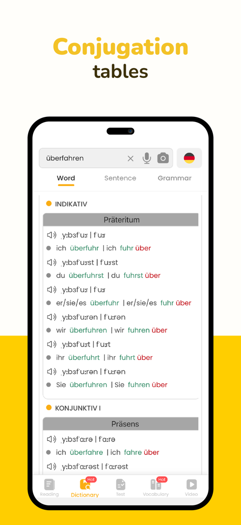Todaii: Learn German A1-C1 - German verb conjugation tables in the Todaii learning app dictionary