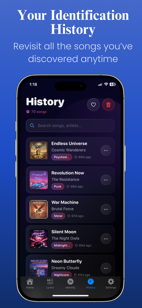 Song Identifier: Music Finder - Um smartphone exibindo a tela de histórico de identificação do aplicativo Song Identifier mostrando uma lista de músicas descobertas recentemente.