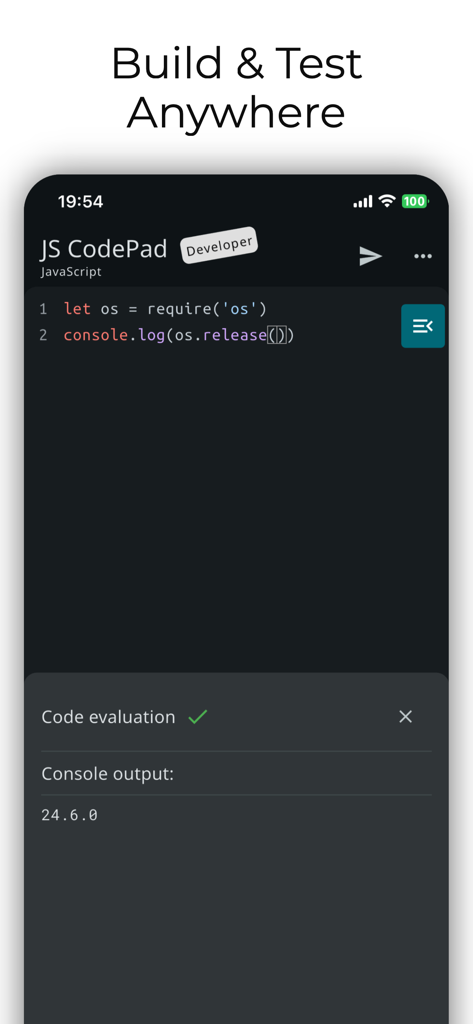 JavaScript Coding Editor & IDE - Interface d'application mobile d'IDE et d'éditeur de code JavaScript sur iPhone, avec mode sombre et sortie console
