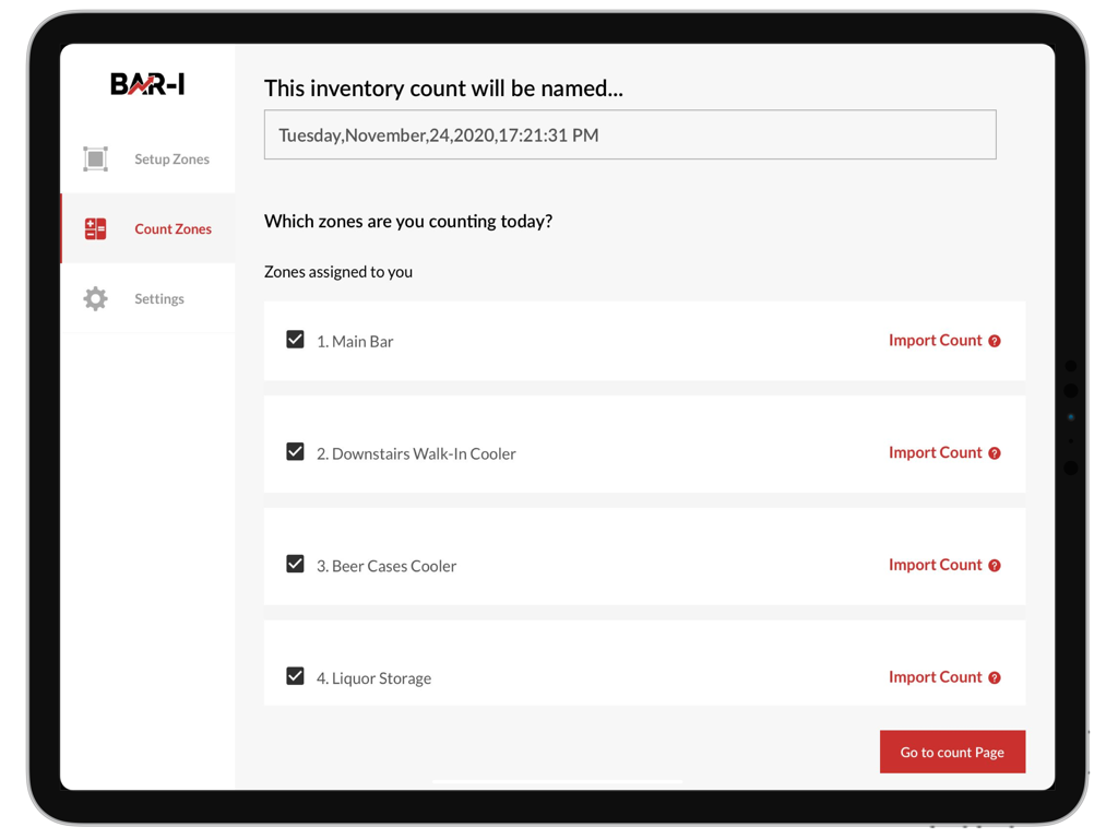 iPad-Bildschirm, der die Bar-i App-Oberfläche zur Auswahl von Inventurzonen wie Hauptbar und Spirituosenlager anzeigt.