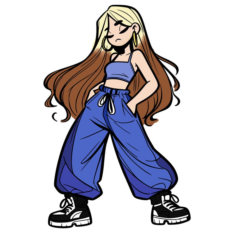 girl in baggy pants crop top and long hair