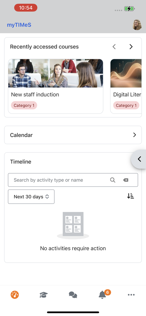 Taylor's myTIMeS Mobile - Dashboard screen of the Taylors myTIMeS Mobile app showing recently accessed courses and student timeline