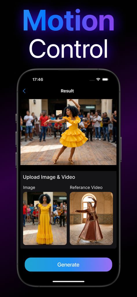 AI Video Generator - Nexory - Nexory app interface showing AI motion control feature with an image and reference video for generating dance content