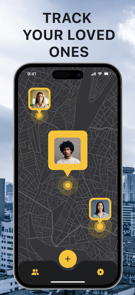 Geo Finder Tracking: GPS Find - iPhone screen displaying family members locations on a dark map for real time tracking
