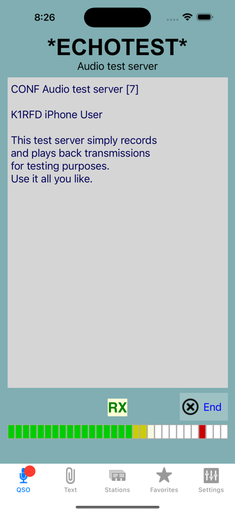 EchoLink - Interfaz del servidor de prueba de audio de EchoLink