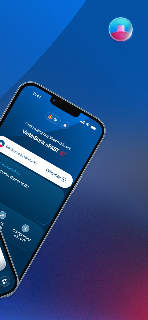 VietinBank eFAST One - Pantalla de inicio de sesión y bienvenida de la aplicación bancaria empresarial VietinBank eFAST One en un iPhone