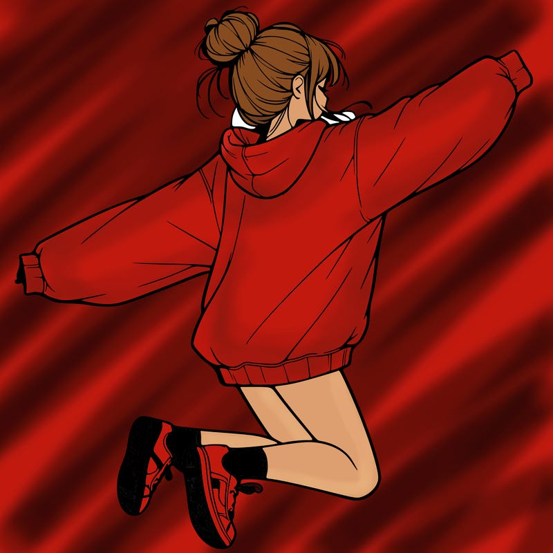 realistic girl jumping with a bun and oversized sweatshirt