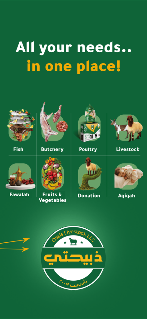 Zabehaty - ذبيحتي - Zabehaty app interface displaying shopping categories for fish, butchery, poultry, livestock, donation, and produce.
