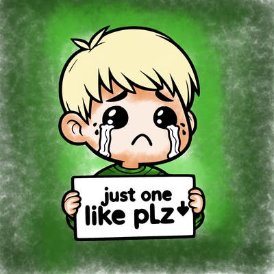 realistic crying boy with a sign saying just one like plz