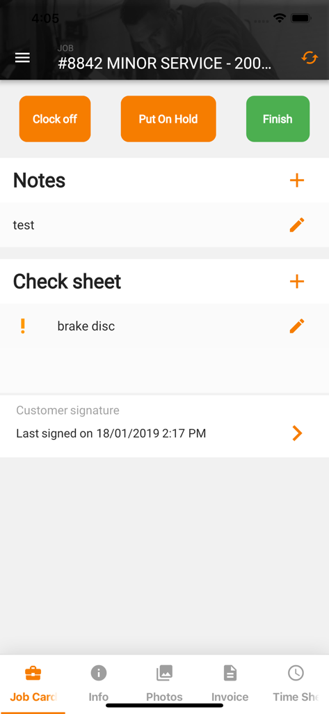 MechanicDesk Mobile app interface showing a minor service job card with clocking options notes and a check sheet