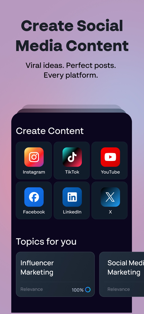 Mysocial: AI Creator Manager - A mobile interface for the Mysocial app featuring social media content creation options for Instagram, TikTok, YouTube, and other platforms.