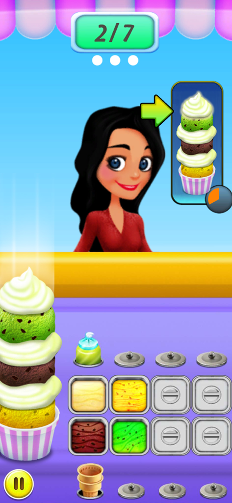 Ice Cream Truck - Food Cart - Gameplay zeigt einen Kunden, der eine mehrschichtige Eiscreme-Eisbecher im Eiswagen-Imbisswagen bestellt