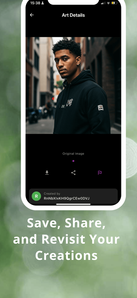 A realistic AI generated portrait on the Art Details screen with options to save and share
