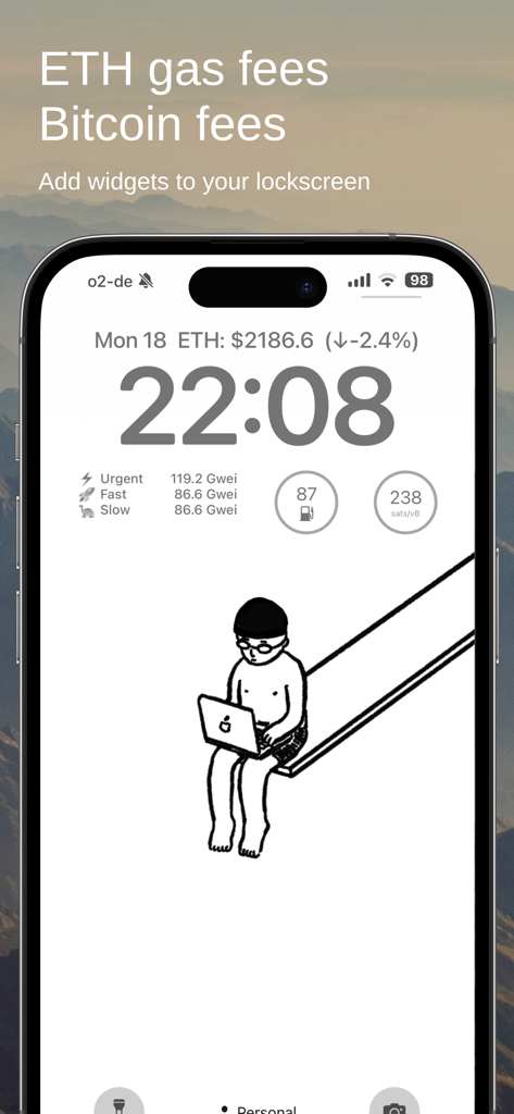 Crypto Widget Toolkit - iPhone lock screen showing Ethereum gas fees and Bitcoin network fee widgets
