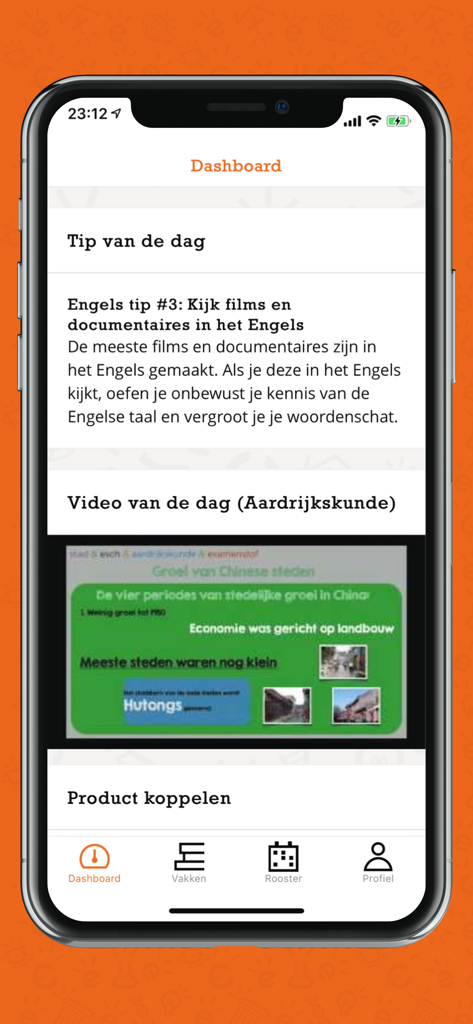 Examenoverzicht - A mobile app dashboard showing exam study tips and a geography video lesson