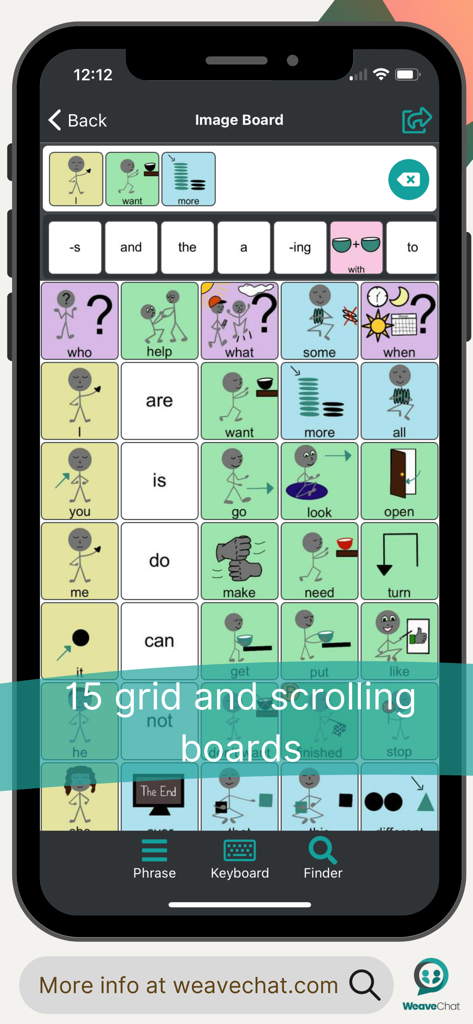 Weave Chat AAC - Weave Chat AAC mobile app interface showing a 15-grid communication board with color-coded speech icons