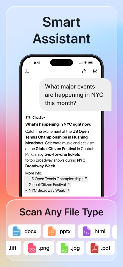 ChatBox AI app interface featuring real-time search results for NYC events and a scan any file type menu with various document icons