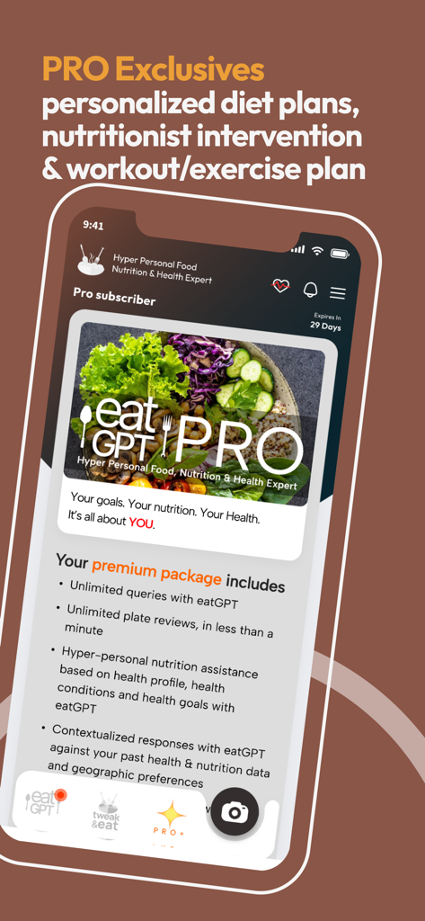 Tweak & eat with eatGPT - 개인 맞춤형 식단 계획 및 AI 영양사 지원과 같은 PRO 구독 혜택을 보여주는 Tweak and Eat 앱 화면