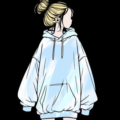 realistic girl with a oversized sweatshirt on and a bun