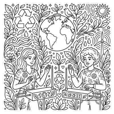Immerse yourself in a creative celebration of Earth Day with this intricate coloring page, showcasing two individuals skillfully playing theremins. Surrounded by lush botanical elements and symbols of sustainability, it's a perfect blend of music and environmental awareness.