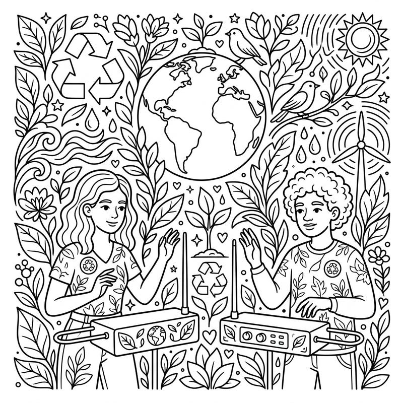 Immerse yourself in a creative celebration of Earth Day with this intricate coloring page, showcasing two individuals skillfully playing theremins. Surrounded by lush botanical elements and symbols of sustainability, it's a perfect blend of music and environmental awareness.