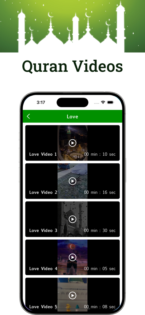 Azerbaijani Quran - Screenshot of the Azerbaijani Quran app showing the Quran Videos section with a list of religious video thumbnails under the category Love.