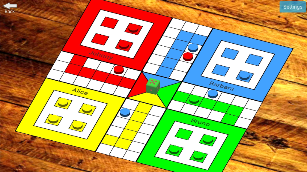 Ludo Pachisi - A digital Ludo Pachisi board game with colorful pieces and a die on a wooden background.