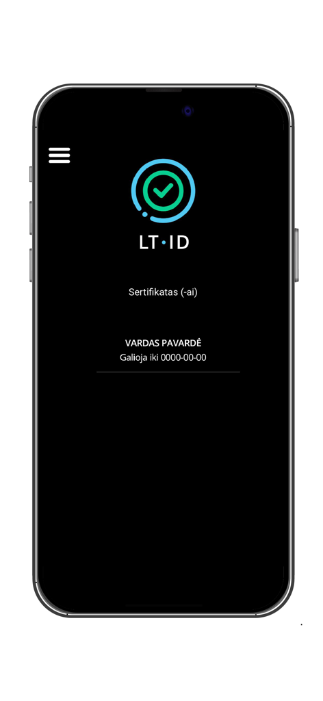 The LT ID mobile app home screen showing digital identity certificate status and placeholder user information.