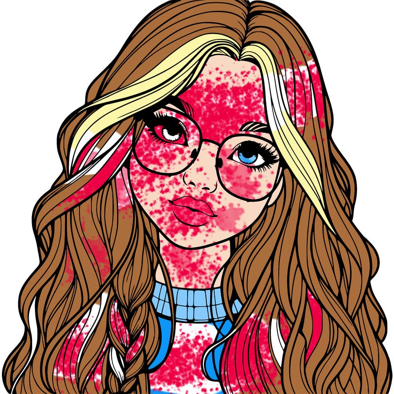 girl with long hair and freckles and glasses realistic
