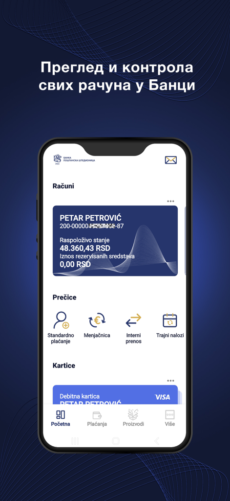 BPŠ mBank - Dashboard of BPŠ mBank app displaying account balance and financial service shortcuts
