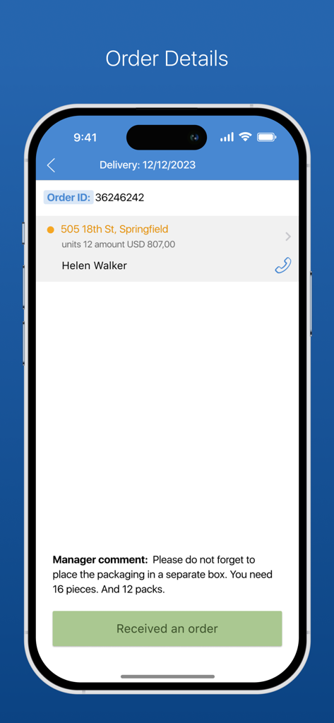 BOMS Courier - Schermata dell'app BOMS Courier che mostra i dettagli dell'ordine di consegna e le istruzioni del responsabile.