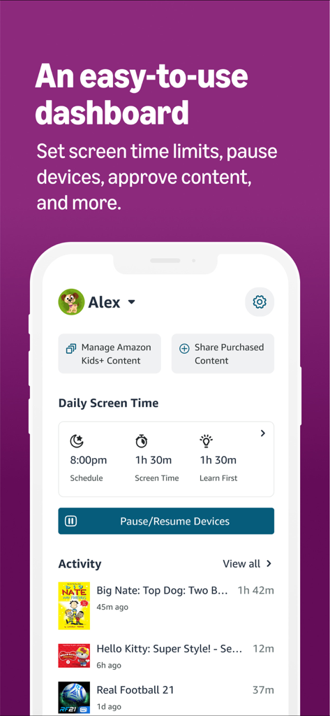 The Amazon Kids Parent Dashboard app screen showing screen time limits and child activity monitoring.